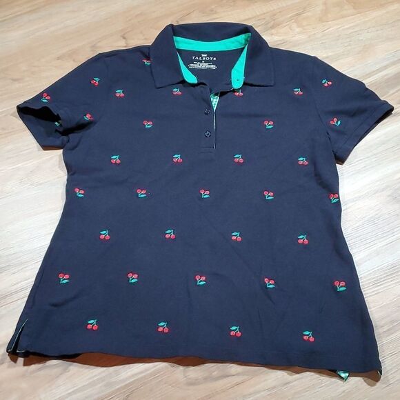 🔸️Talbots Blue & Red Cherry Print Short Sleeve Polo Top Medium - Picture 2 of 10